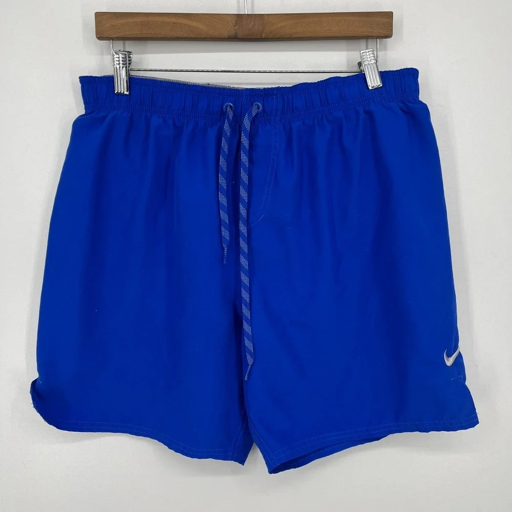 Nike‎ Swim Trunks Men's Size L Blue Mesh Lined Drawstring Swoosh Logo